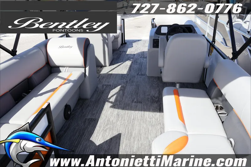 Slide: The Image of 2026 Bentley Pontoons Bolt 223 interior with modern seating and steering console. - 7