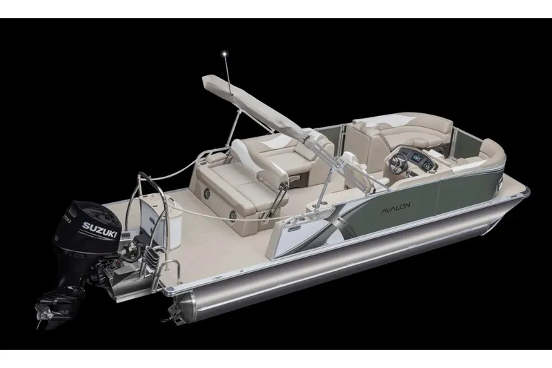Slide: The Image of 2026 Avalon LSZ Cruise Rear Bench pontoon boat with sleek design in a showroom. - 10