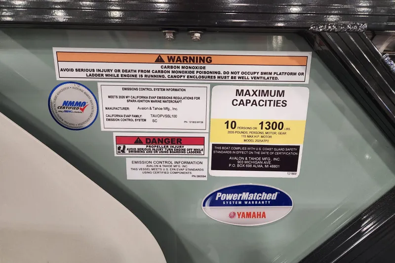 Slide: The Image of 2026 Avalon LSZ Cruise Rear Bench safety and capacity labels, including carbon monoxide warning. - 14