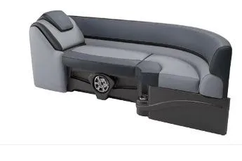 Slide: The Image of 2026 Avalon LSZ Cruise Rear Bench boat interior in a manufacturing facility. - 2