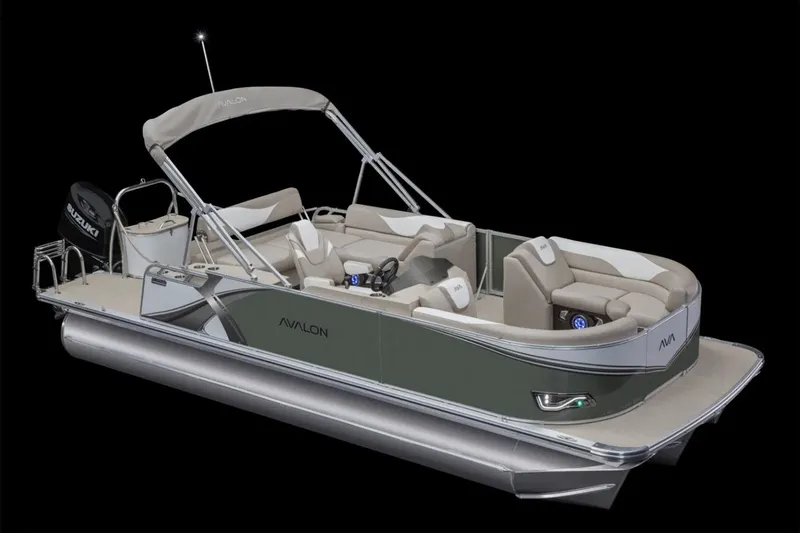 Slide: The Image of 2026 Avalon LSZ Cruise Rear Bench pontoon boat in a factory setting. - 9