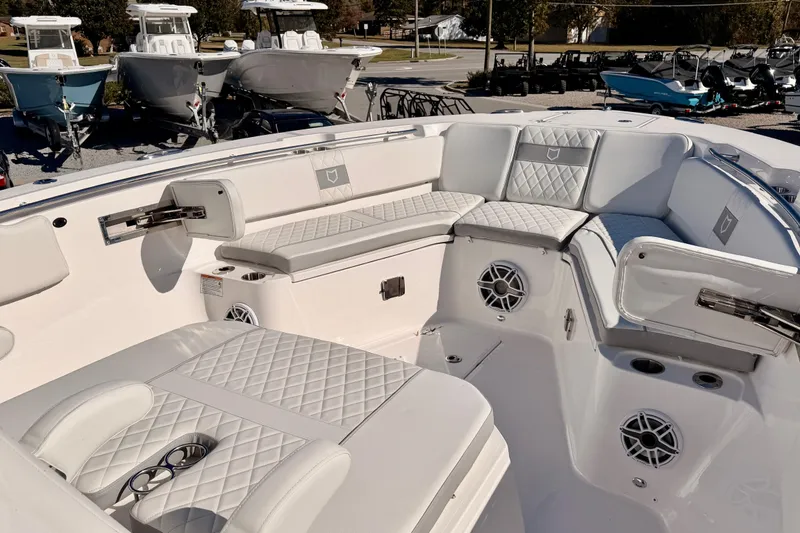 Slide: The Image of Luxurious seating area on 2026 Sea Fox 328 Commander boat, featuring elegant white upholstery. - 7