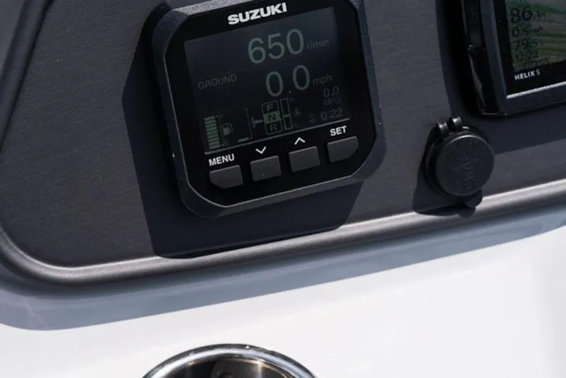Slide: The Image of Dashboard of 2026 Bentley Pontoons 223 Bolt Tri-Toon with Suzuki display. - 11