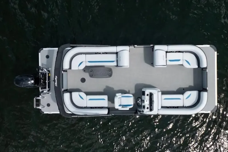 Slide: The Image of 2026 Bentley Pontoons 223 Bolt Tri-Toon, aerial view, spacious seating, on water. - 7