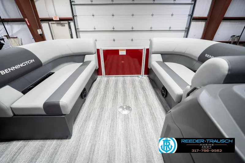 Slide: The Image of 2026 Bennington 20 SSR pontoon boat interior with gray seating and modern design. - 22