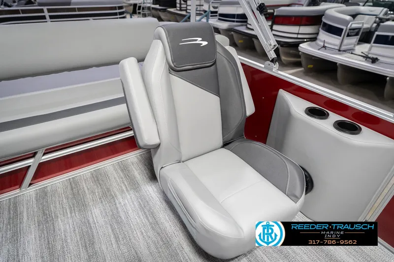 Slide: The Image of 2026 Bennington 20 SSR boat interior with gray seating and cup holders. - 39
