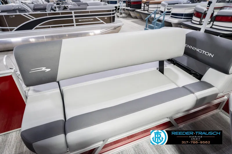 Slide: The Image of 2026 Bennington 20 SSR pontoon boat seating, featuring sleek gray upholstery and modern design. - 40