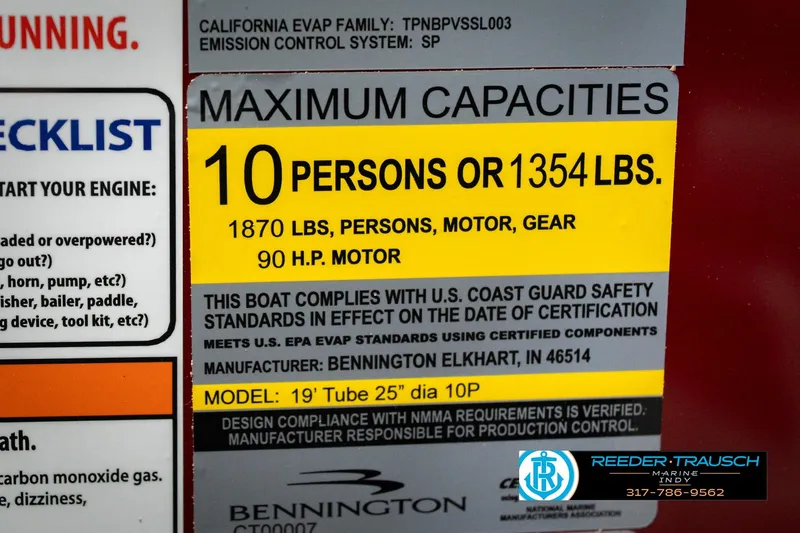 Slide: The Image of 2026 Bennington 20 SSR capacity label: 10 persons, 1354 lbs, 90 HP motor compliance. - 53