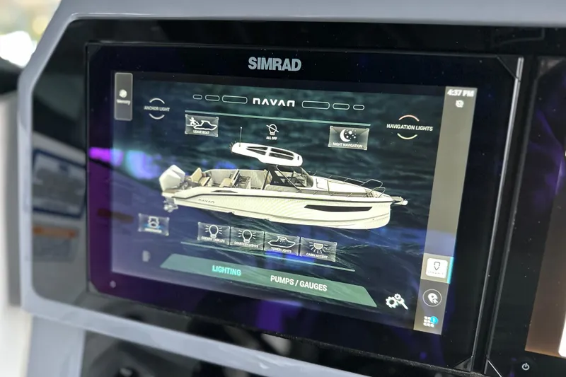 Slide: The Image of Touchscreen display of Navan S-30 boat control panel, featuring navigation and lighting options. - 14