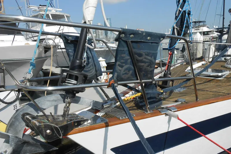 Slide: The Image of 1989 Norseman 447 sailboat deck with anchor and rigging details. - 21
