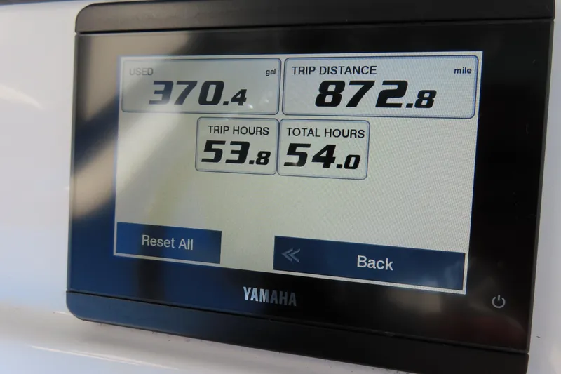 Slide: The Image of Yamaha display showing fuel usage and trip data for Sea Hunt Ultra 245 SE, 2025 model. - 24