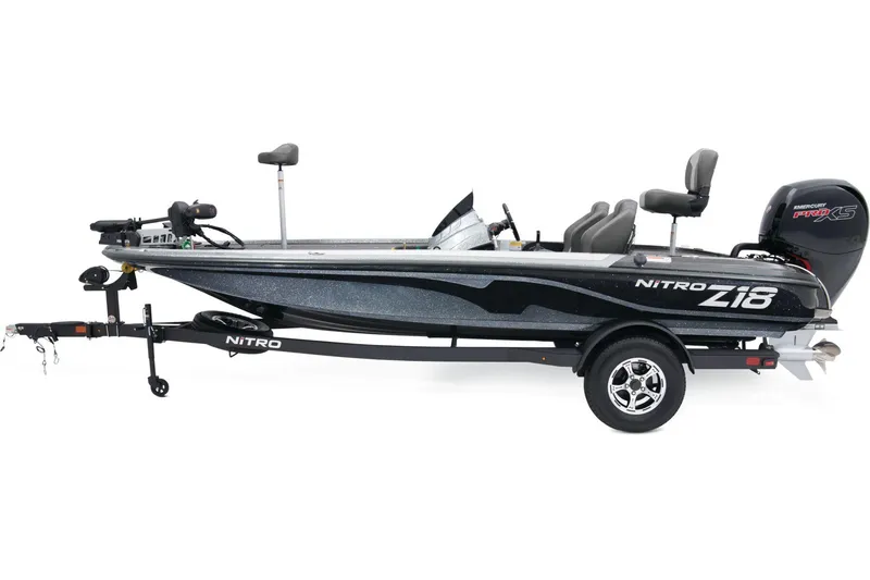Slide: The Image of 2026 Nitro Z18 Pro boat with powerful outboard motor, parked near a marina. - 3