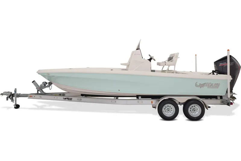 Slide: The Image of 2026 Mako 24 APEX boat on trailer, side view, light blue hull. - 3