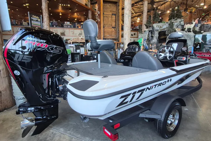 Slide: The Image of 2026 Nitro Z17 boat with Mercury Pro XS engine displayed indoors. - 1