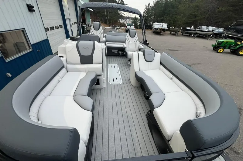 Slide: The Image of 2026 Avalon Catalina Versatile Rear Lounger pontoon boat with luxurious seating and modern design. - 8
