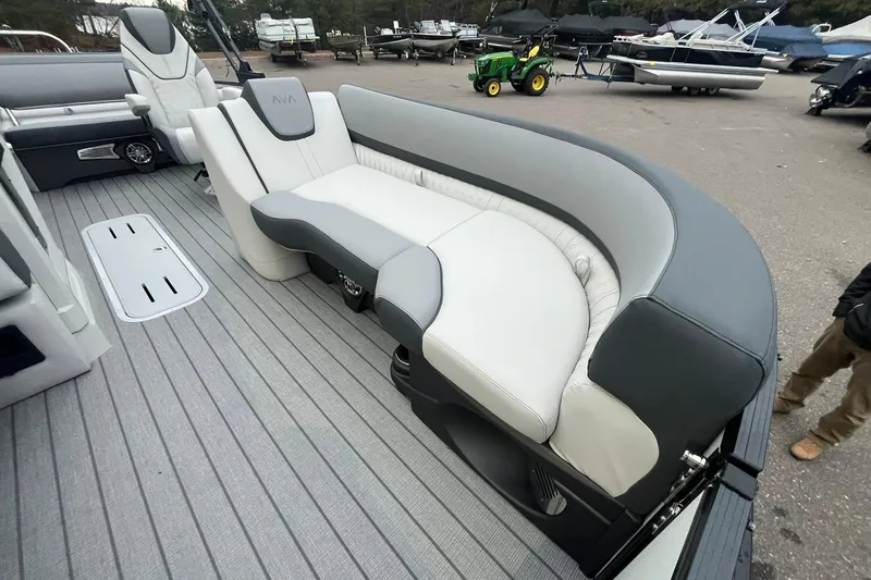 Slide: The Image of 2026 Avalon Catalina Versatile Rear Lounger with sleek gray and white seating on a boat deck. - 9