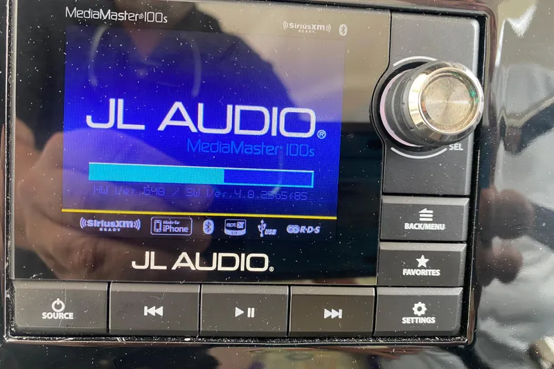 Slide: The Image of JL Audio MediaMaster 100s display in 2021 Pursuit OS 355 Offshore boat. - 25