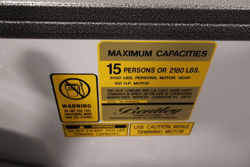 Slide: The Image of Capacity label for 2026 Bentley Pontoons 220 SWINGBACK, 15 persons or 2180 lbs. - 24