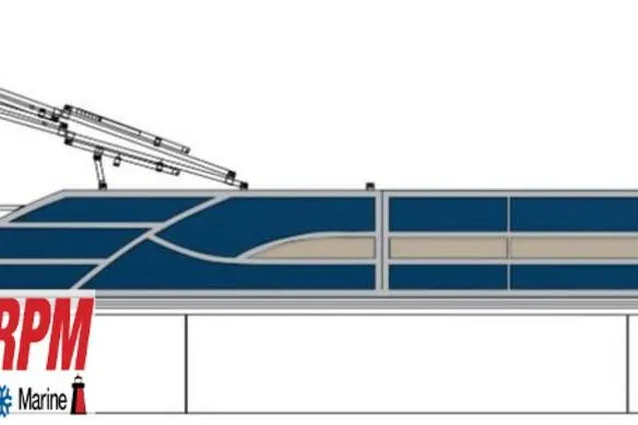 Slide: The Image of 2026 Bentley Pontoons 243 Swingback Tri-toon in a showroom, featuring sleek design and comfortable seating. - 3