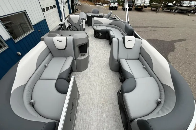 Slide: The Image of 2025 Avalon LSZ Rear Fish pontoon boat with luxurious gray seating and modern design. - 8