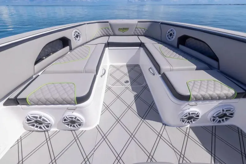 Slide: The Image of Luxurious seating area on 2026 Deep Impact 399 Sport boat, featuring stylish upholstery and speakers. - 34