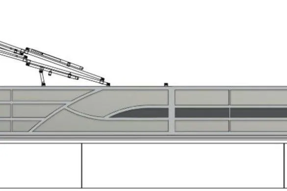 Slide: The Image of 2026 Bentley Pontoons 220 Navigator in a warehouse, rear view with ladder and pontoons. - 5