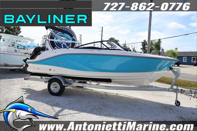 The Image of 2026 Bayliner V20 boat on trailer at Antonietti Marine dealership. - 1