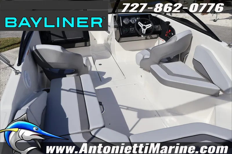 Slide: The Image of 2026 Bayliner V20 boat interior with seating and steering, Antonietti Marine contact details. - 10