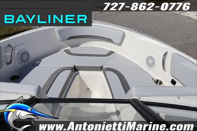 Slide: The Image of 2026 Bayliner V20 boat interior with seating, speakers, and cup holders. Contact Antonietti Marine. - 16