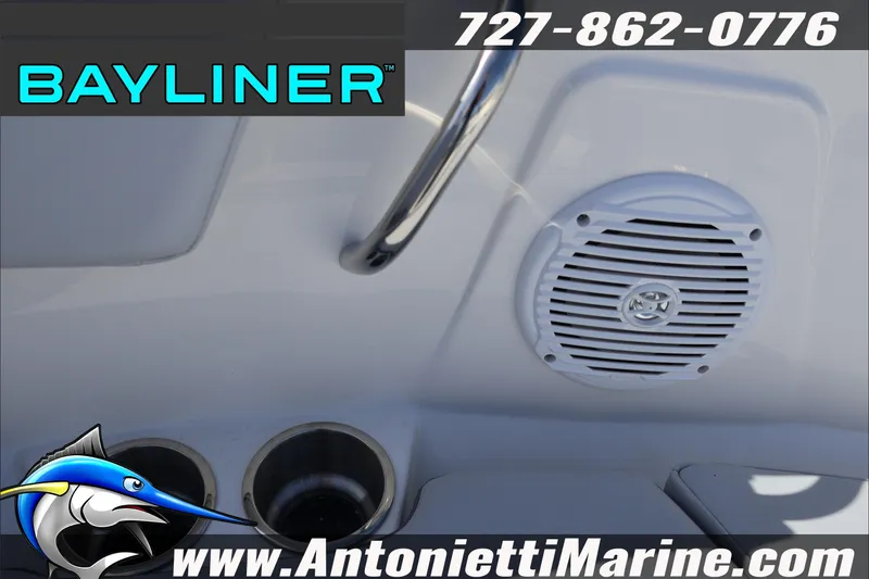 Slide: The Image of Bayliner V20 2026 boat interior with speaker and cup holders, Antonietti Marine branding. - 20