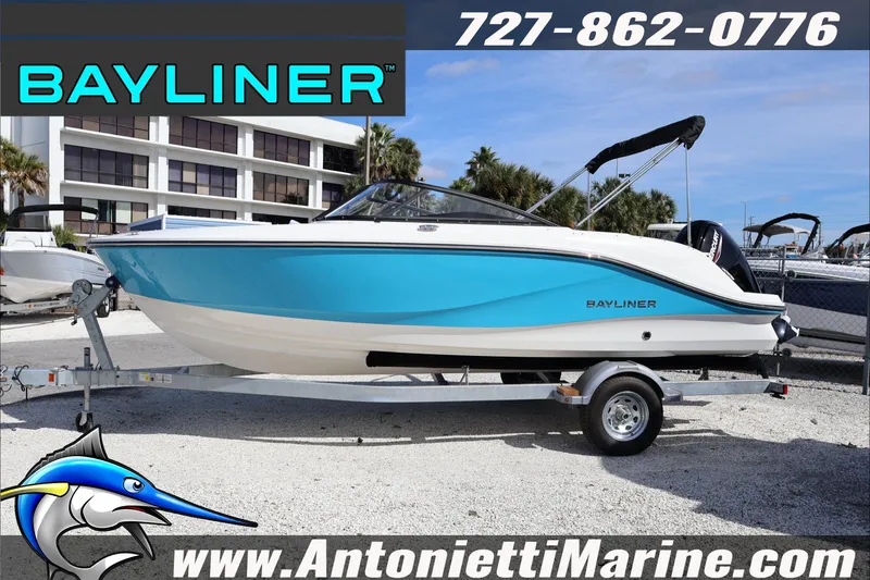 Slide: The Image of 2026 Bayliner V20 boat on trailer at Antonietti Marine dealership. - 3