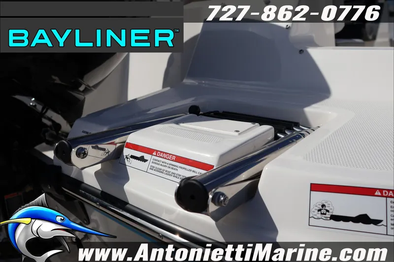 Slide: The Image of 2026 Bayliner V20 boat detail with safety warning, Antonietti Marine branding, and contact information. - 5
