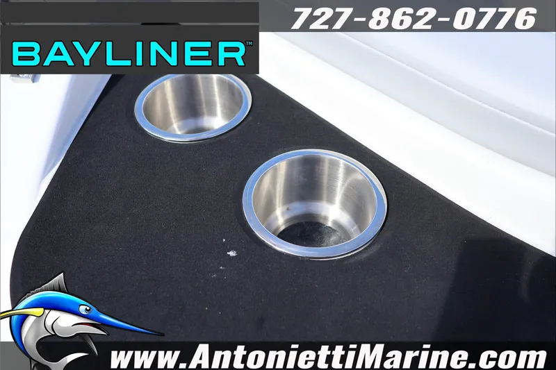 Slide: The Image of Bayliner V20 2026 boat cup holders, Antonietti Marine contact details, and logo. - 9