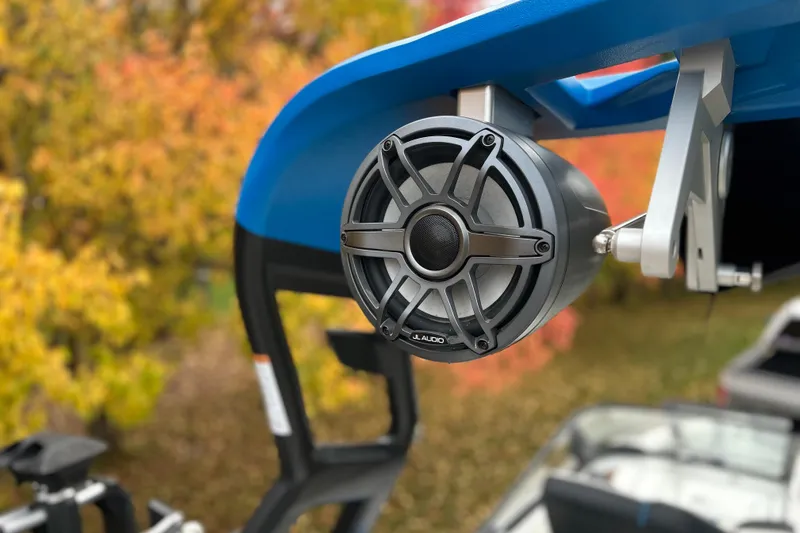 Slide: The Image of 2019 Nautique Super Air Nautique G21 with JL Audio speaker, autumn background. - 9