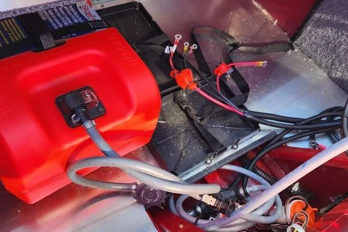 Slide: The Image of 2026 Tracker Bass Tracker Classic XL boat wiring and fuel system components. - 7