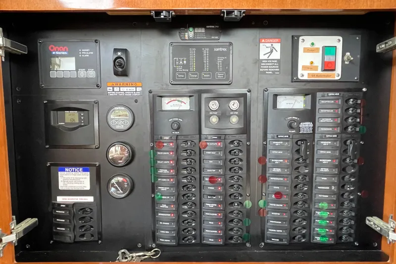 Slide: The Image of Electrical control panel of a 2006 Meridian 459 Motoryacht with various switches and gauges. - 20