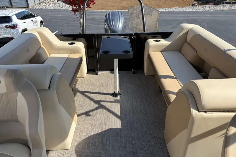 Slide: The Image of 2026 Veranda VISTA VIEW 22RC pontoon boat interior with beige seating and table. - 6