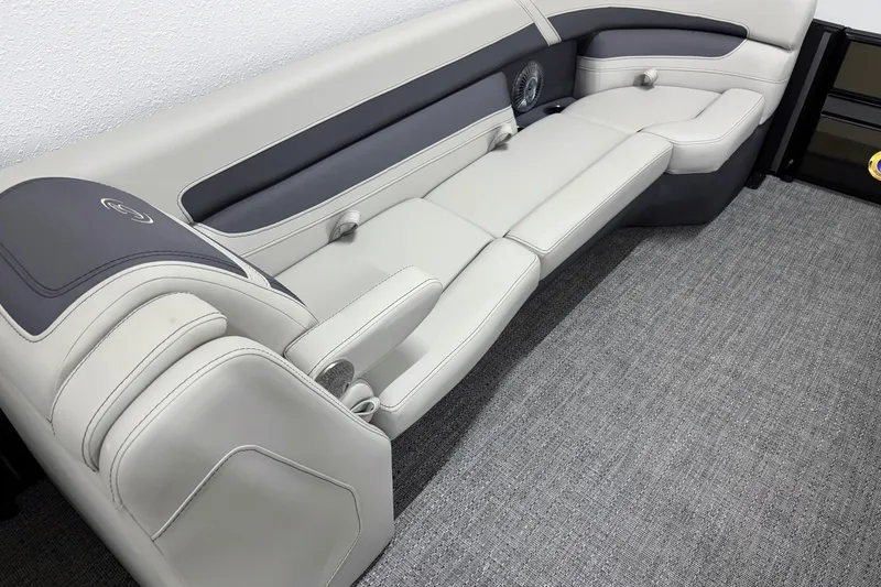 Slide: The Image of 2025 Barletta Cabrio 24U boat interior with sleek, modern seating design. - 24