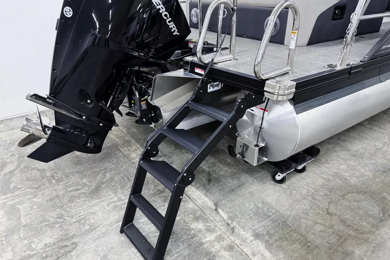 Slide: The Image of 2025 Barletta Cabrio 24U pontoon boat with Mercury engine and boarding ladder. - 4