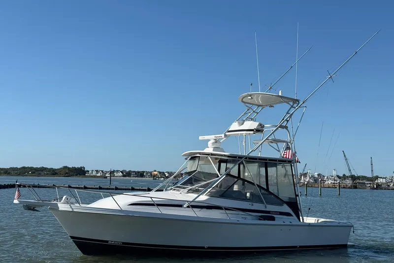 Slide: The Image of 1997 Blackfin Combi 33 boat on calm water with clear blue sky. - 4