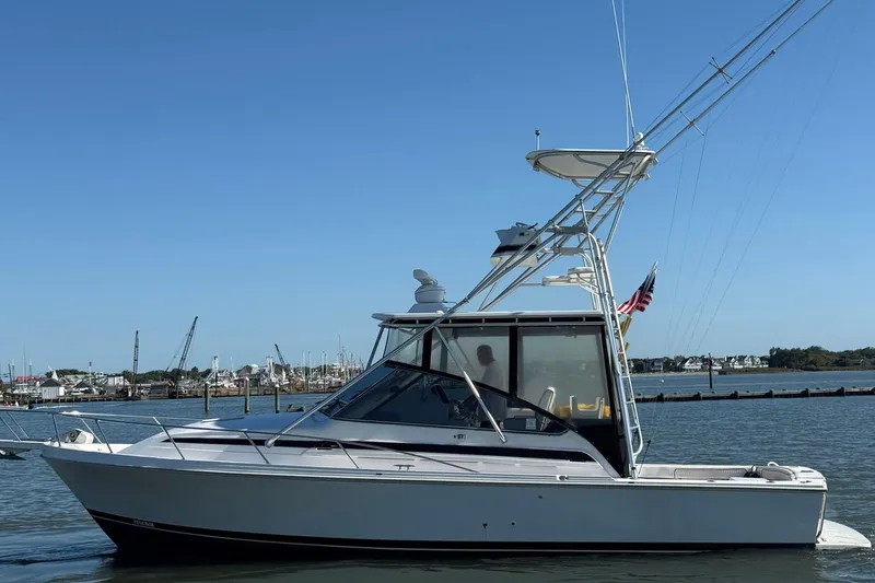 Slide: The Image of 1997 Blackfin Combi 33 boat on calm water with clear blue sky background. - 5