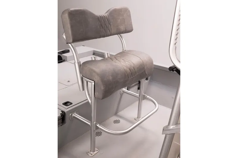 Slide: The Image of 2026 G3 Bay 22 GX boat seat with gray cushioned backrest and metal frame. - 8