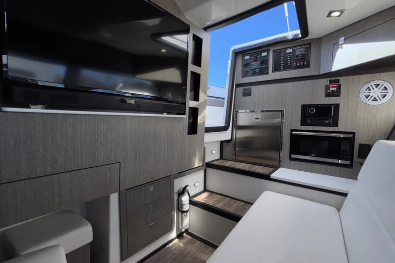Slide: The Image of Interior of 2023 Monterey 385SS Super Sport yacht with modern amenities and sleek design. - 39
