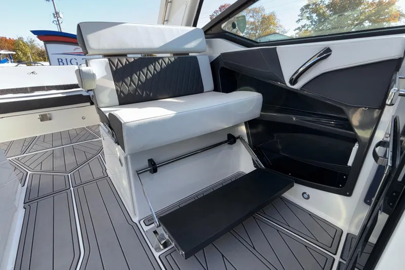 Slide: The Image of 2023 Monterey 385SS Super Sport boat interior with sleek seating and modern design. - 53