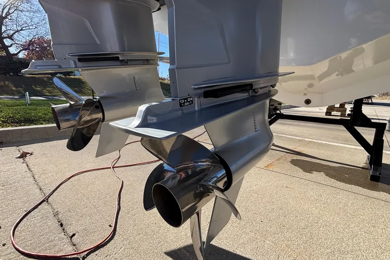 Slide: The Image of 2023 Monterey 385SS Super Sport boat propellers on a trailer, close-up view. - 69