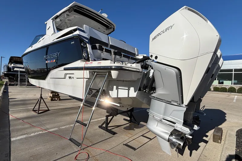 Slide: The Image of 2023 Monterey 385SS Super Sport boat with Mercury outboard engine on display. - 72