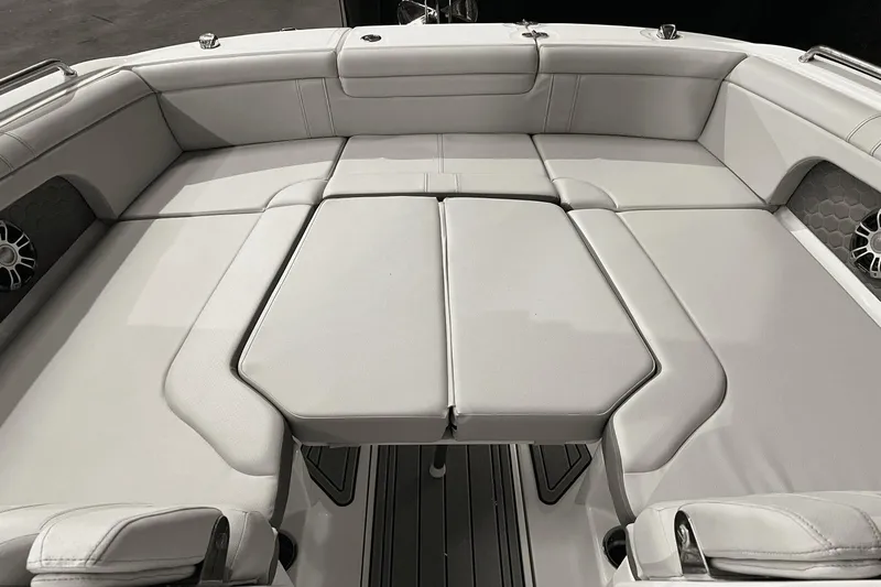 Slide: The Image of 2024 Sea Ray SDX 290 boat interior with luxurious seating and modern design. - 14