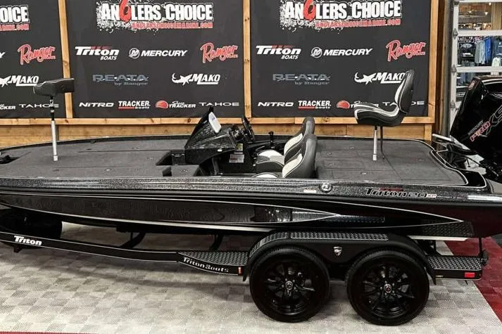 The Image of 2026 Triton 20XP Patriot fishing boat displayed at Angler's Choice showroom. - 1