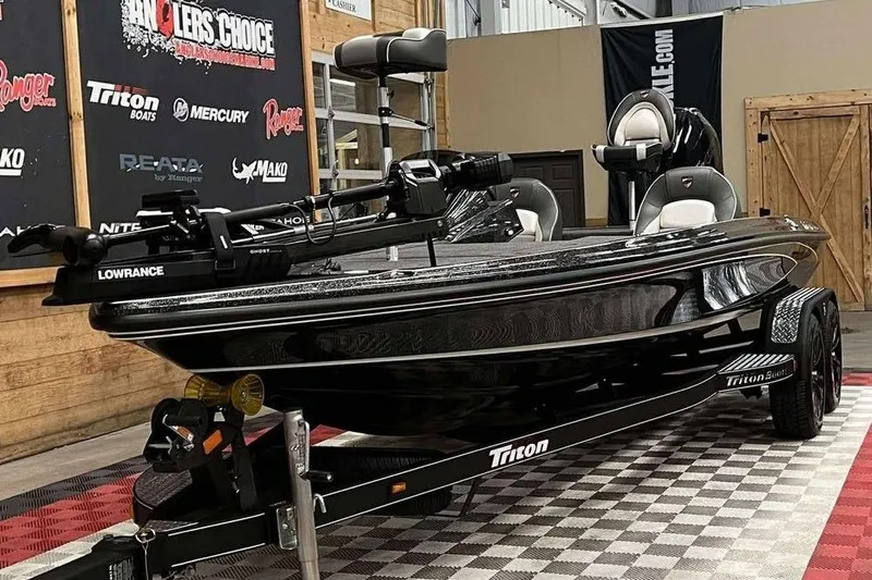 Slide: The Image of 2026 Triton 20XP Patriot boat in showroom, featuring Lowrance equipment. - 3