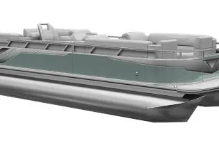The Image of 2026 Avalon VLS Quad Lounge pontoon boat in a showroom, featuring sleek design and spacious seating. - 0
